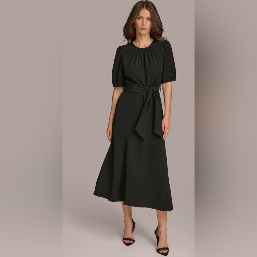 Donna Karan Black Midi Dress with Tie Waist